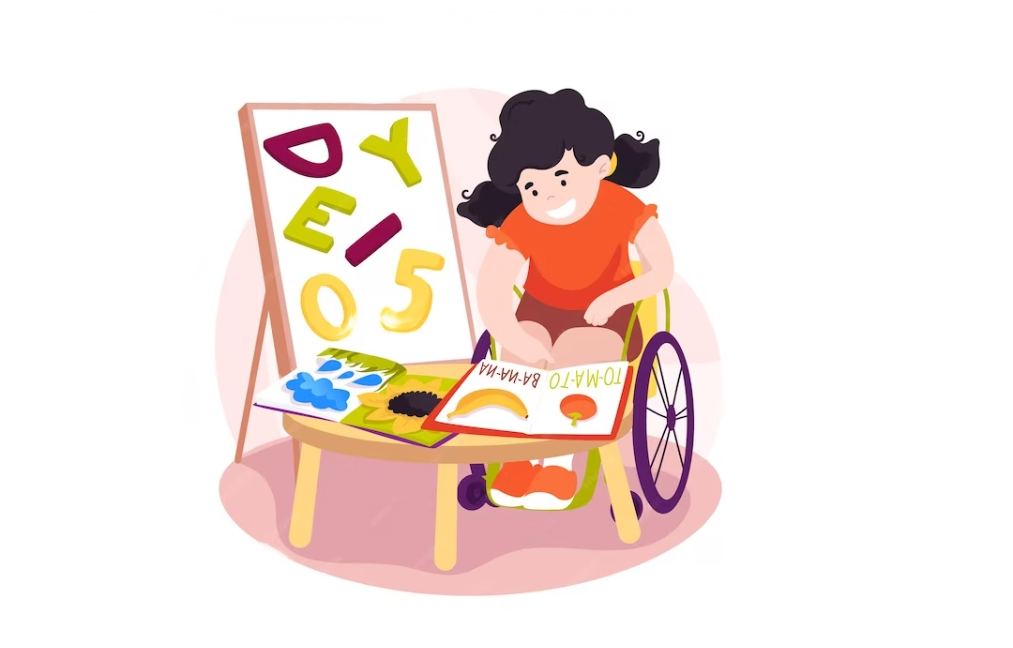 girl in a wheelchair paints colorful letters in a notebook