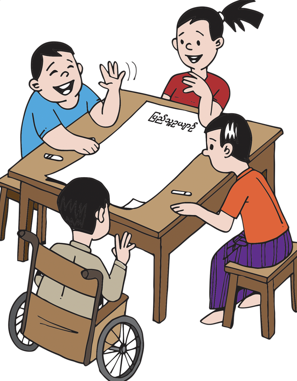 4 children around the table, one of them in a wheelchair.