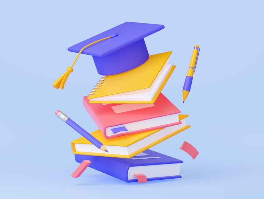 books, pencils, and hat on plain blue background