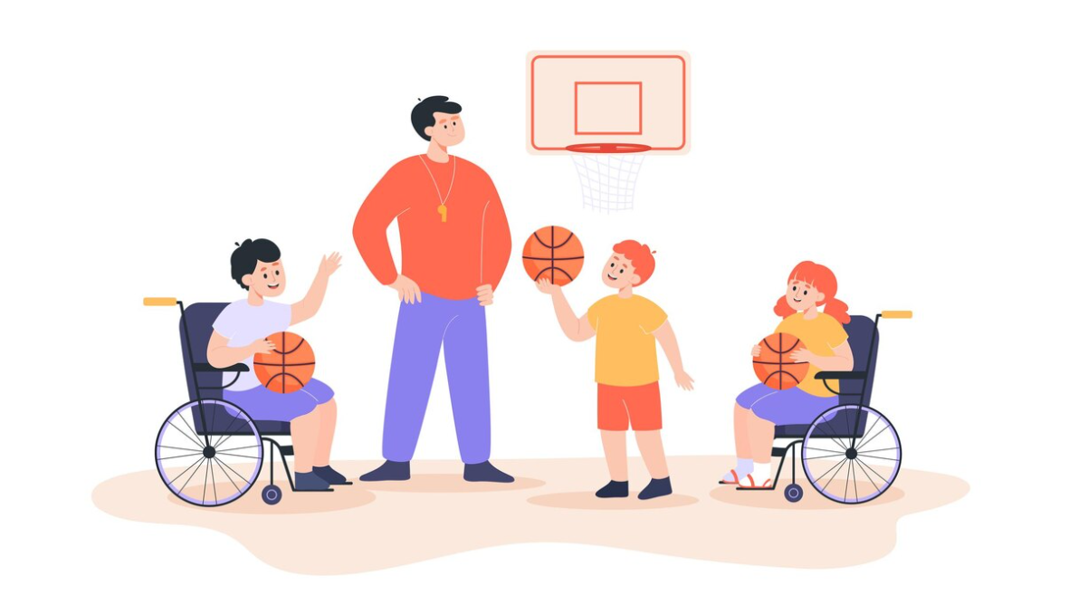 basketball coach standing with three kids, two of whom are in wheelchairs, all holding basketballs near a hoop.